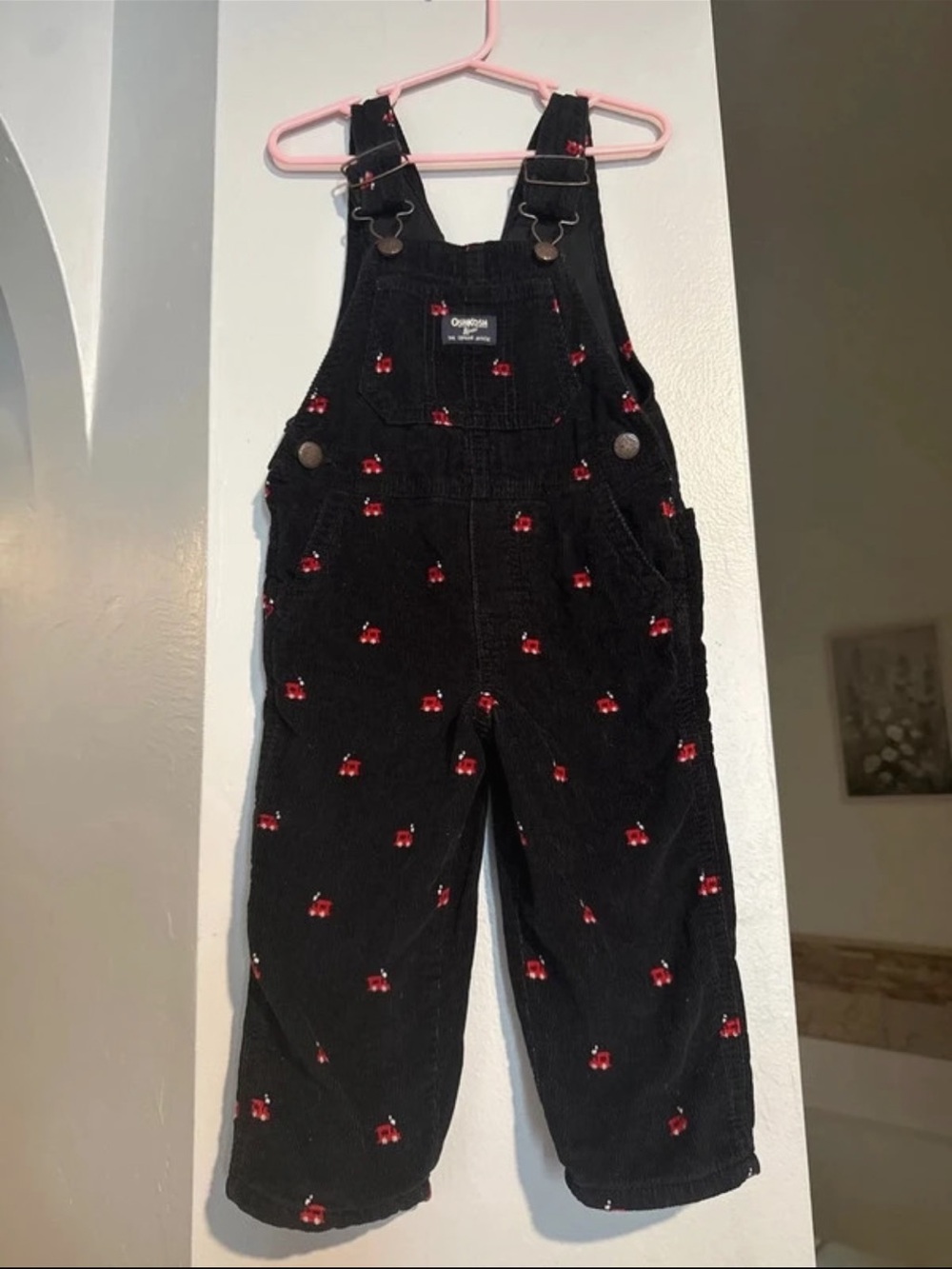 OshKosh B'gosh Black Corduroy Overalls w trains